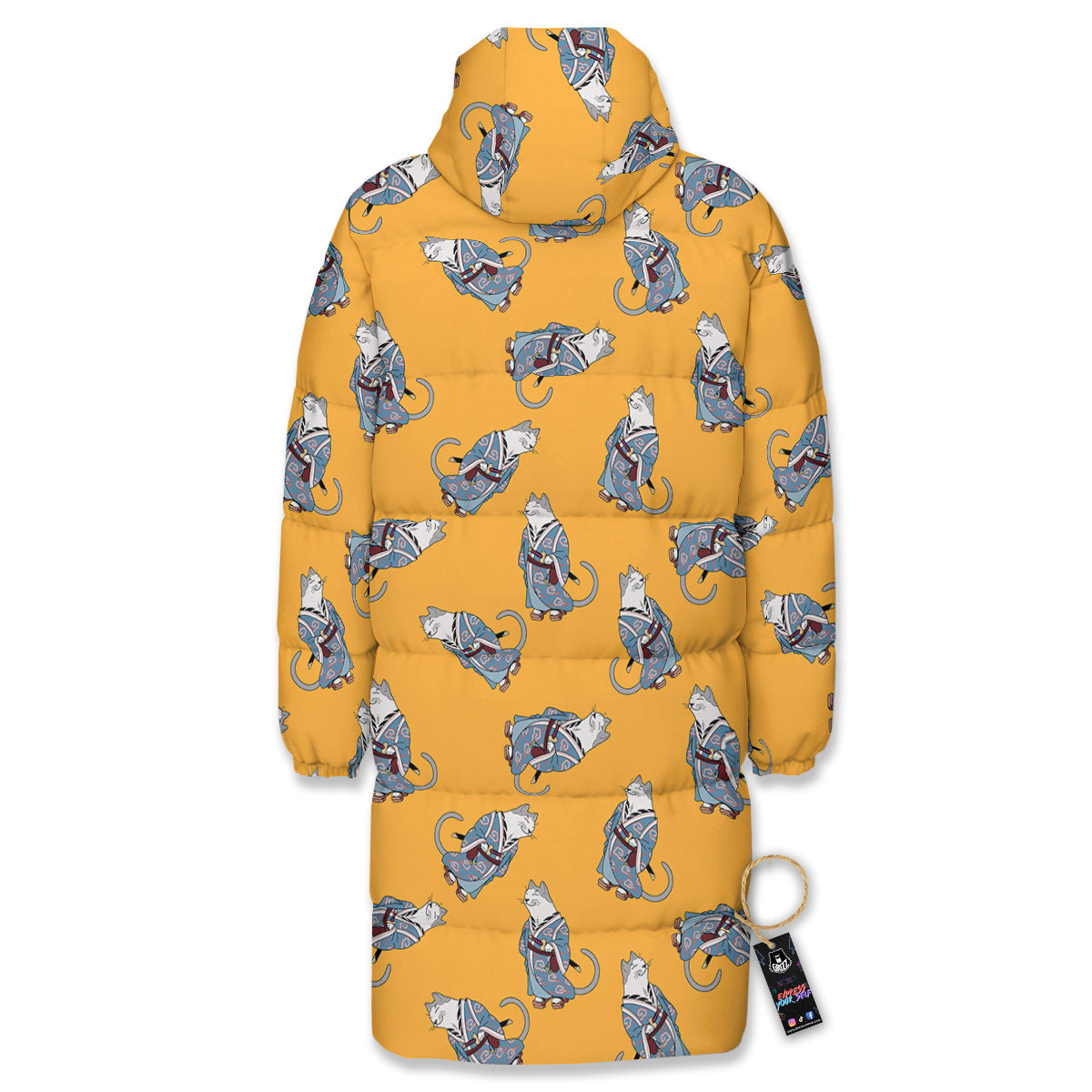 Samurai Cat Print Pattern Long Down Jacket-grizzshop