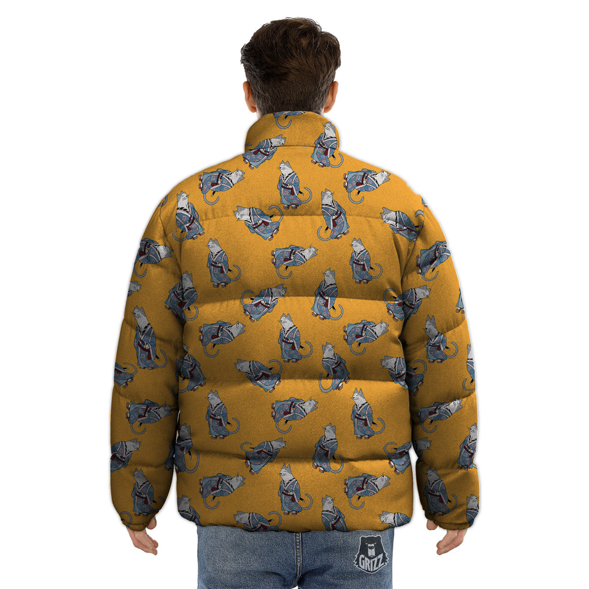 Samurai Cat Print Pattern Puffer Jacket-grizzshop