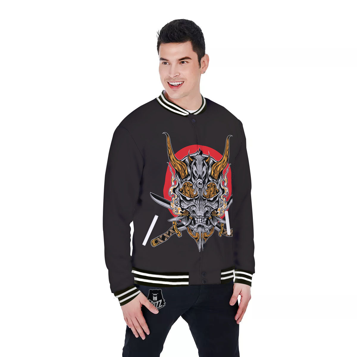 Samurai Demon Print Baseball Jacket-grizzshop