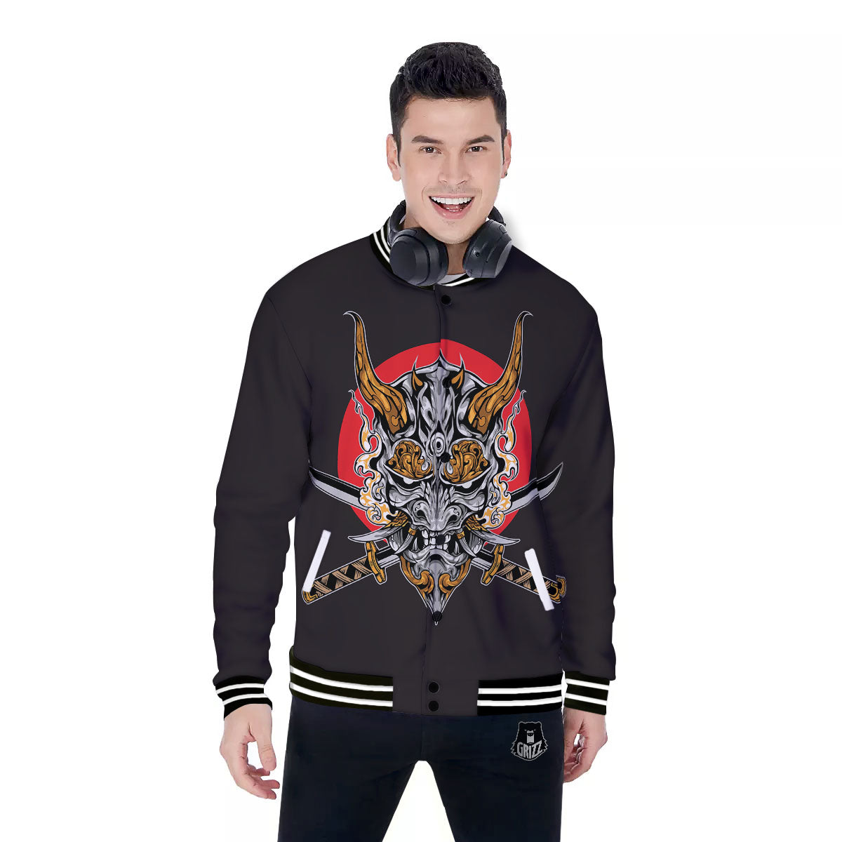Samurai Demon Print Baseball Jacket-grizzshop