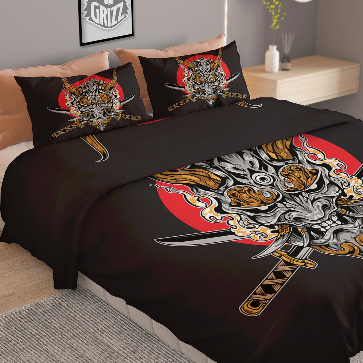 Samurai Demon Print Duvet Cover Bedding Set