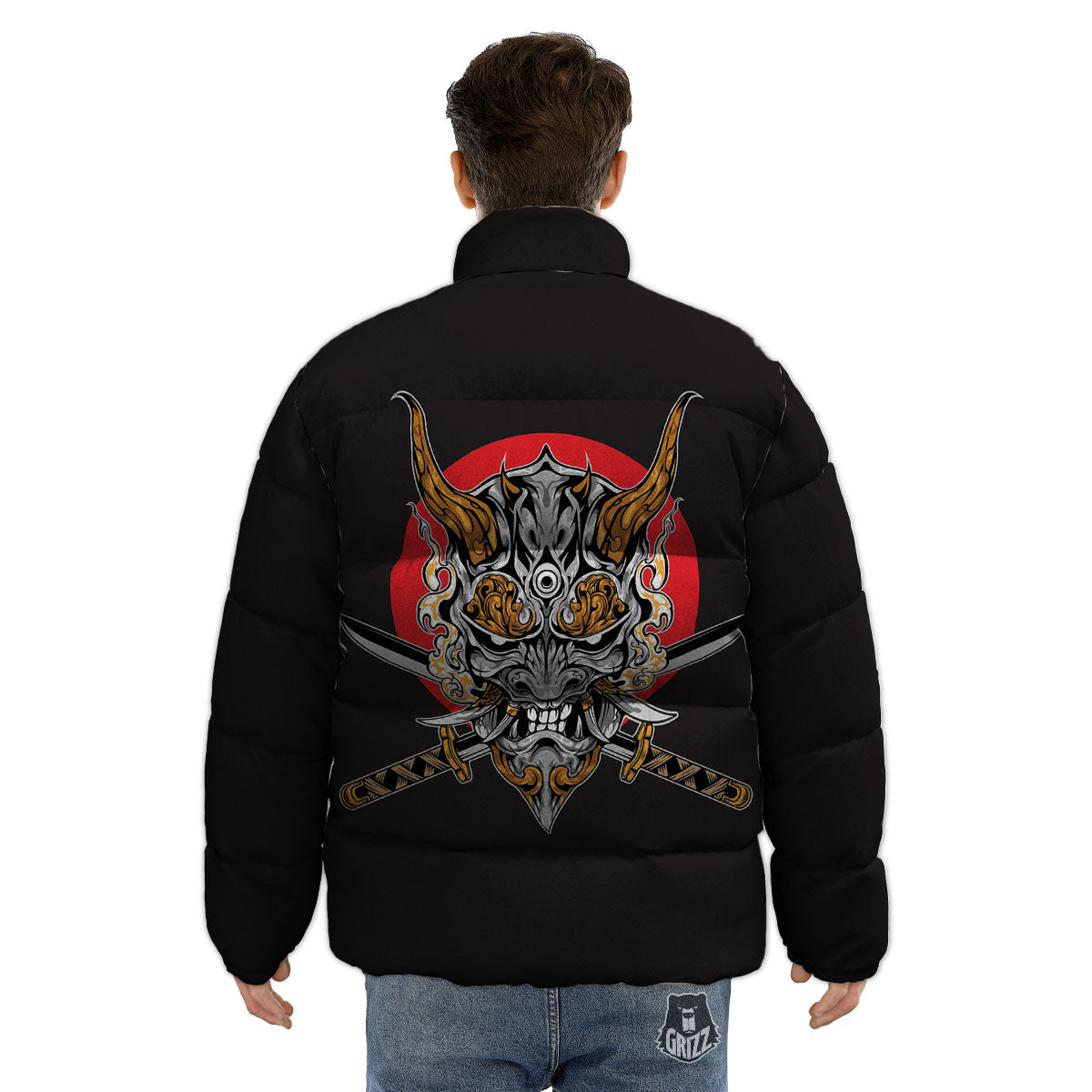 Samurai Demon Print Puffer Jacket-grizzshop