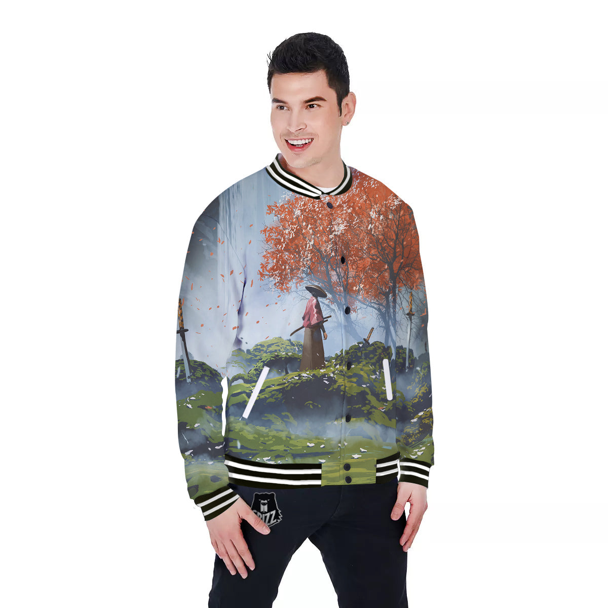 Samurai Fantasy Print Baseball Jacket-grizzshop
