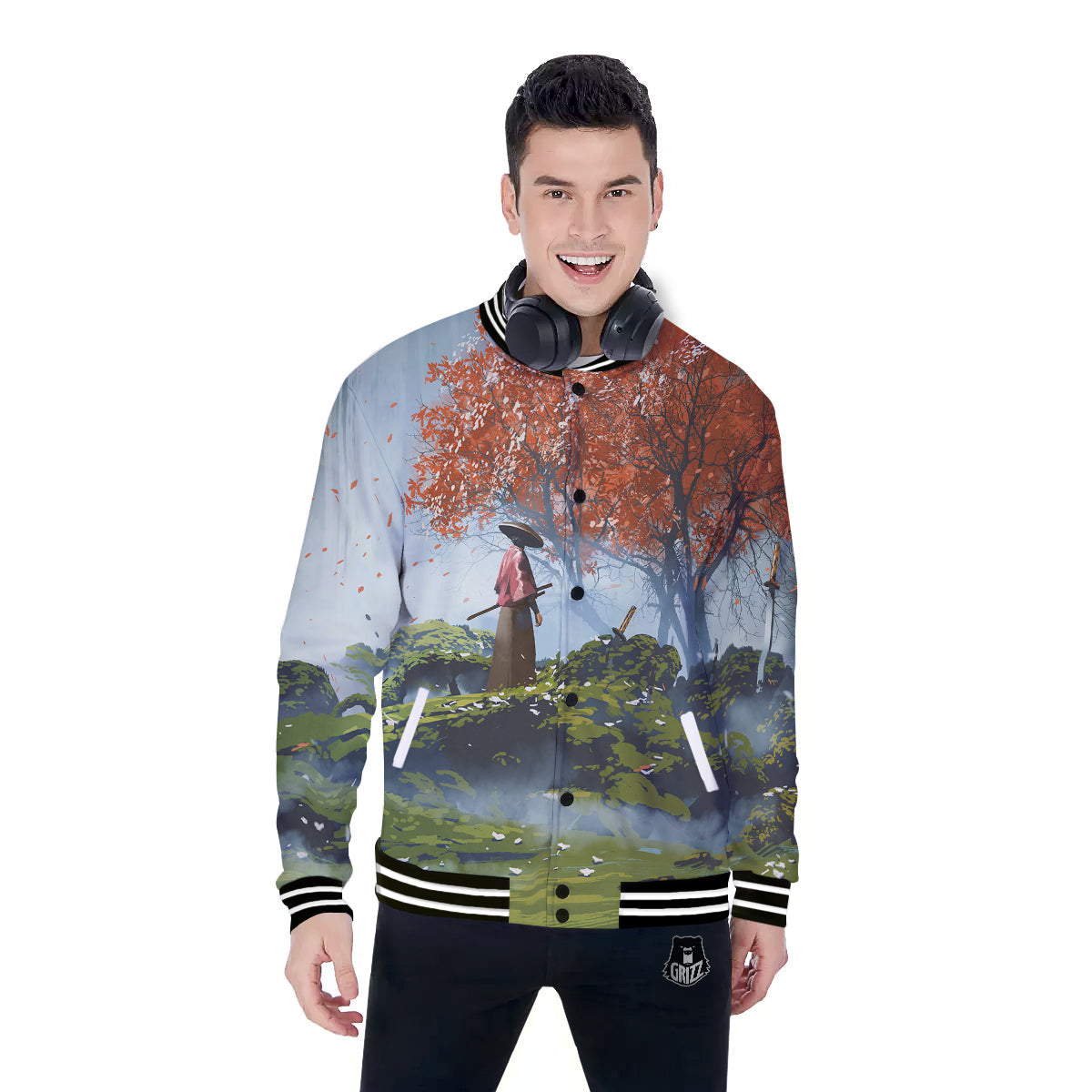 Samurai Fantasy Print Baseball Jacket-grizzshop
