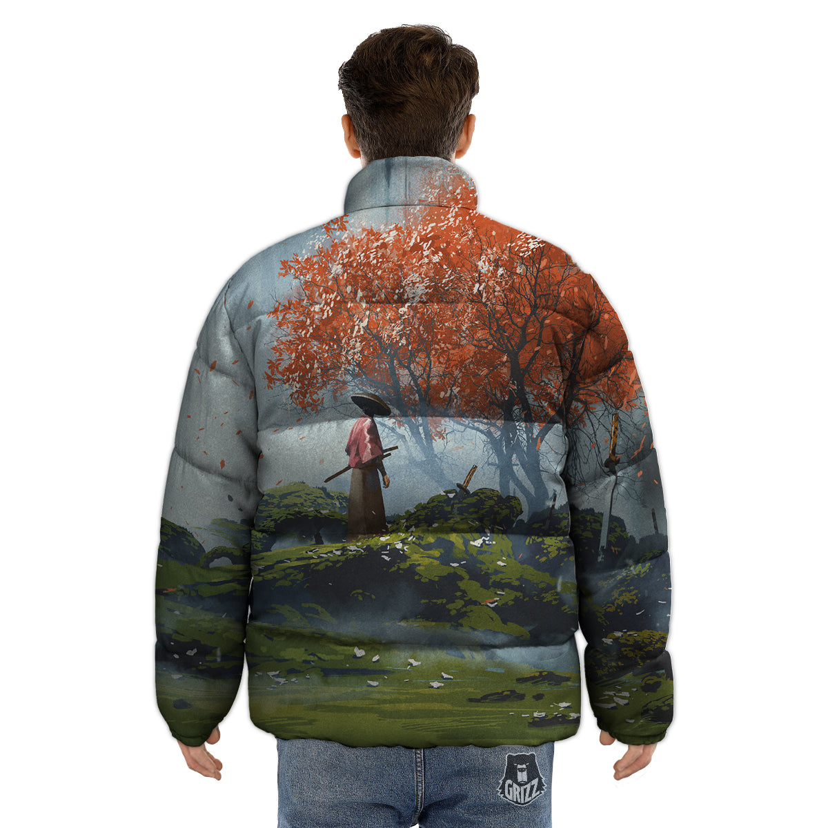 Samurai Fantasy Print Puffer Jacket-grizzshop