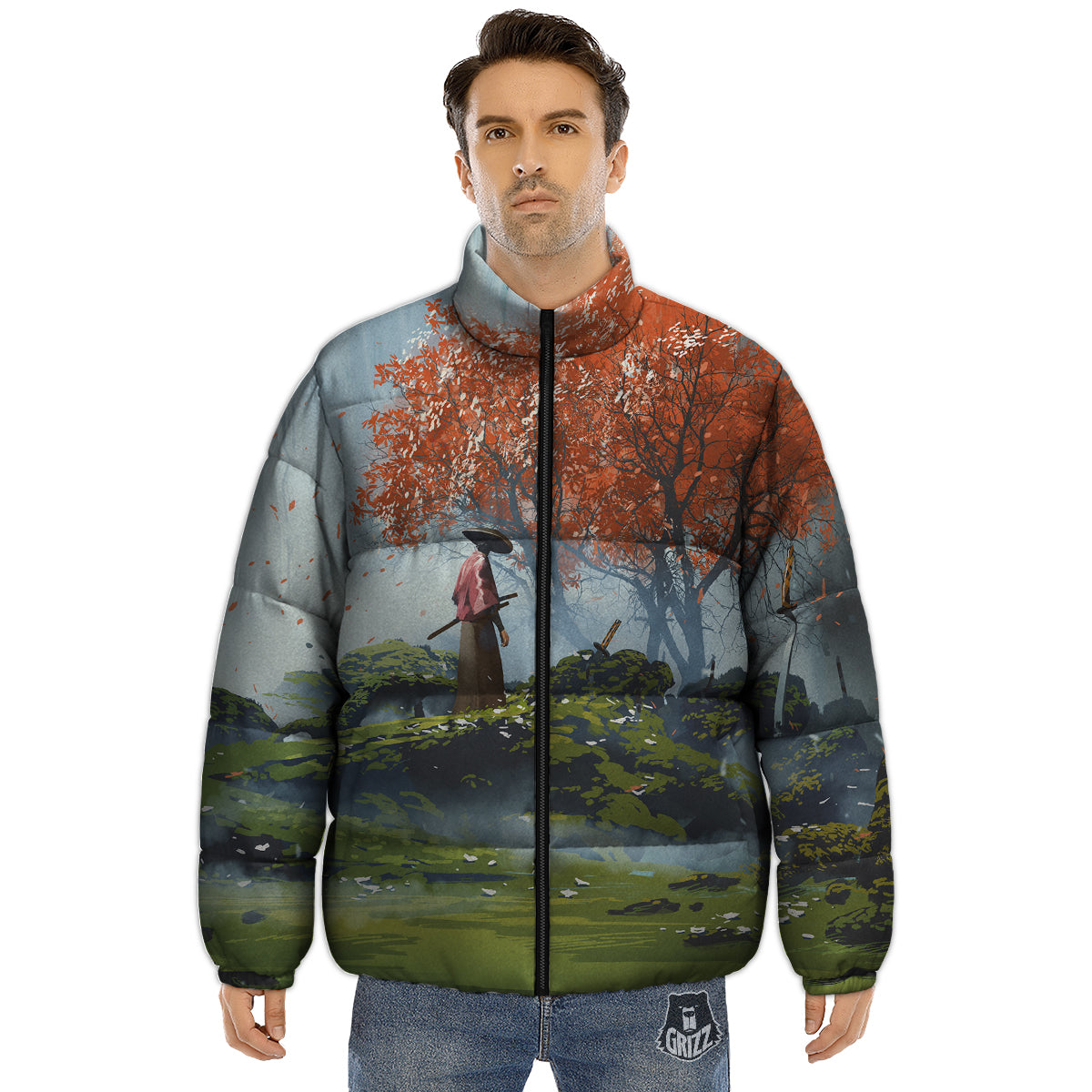 Samurai Fantasy Print Puffer Jacket-grizzshop
