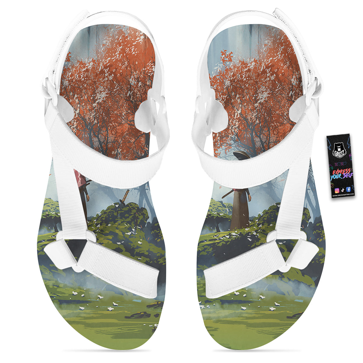 Samurai Fantasy Print White Open Toe Sandals-grizzshop