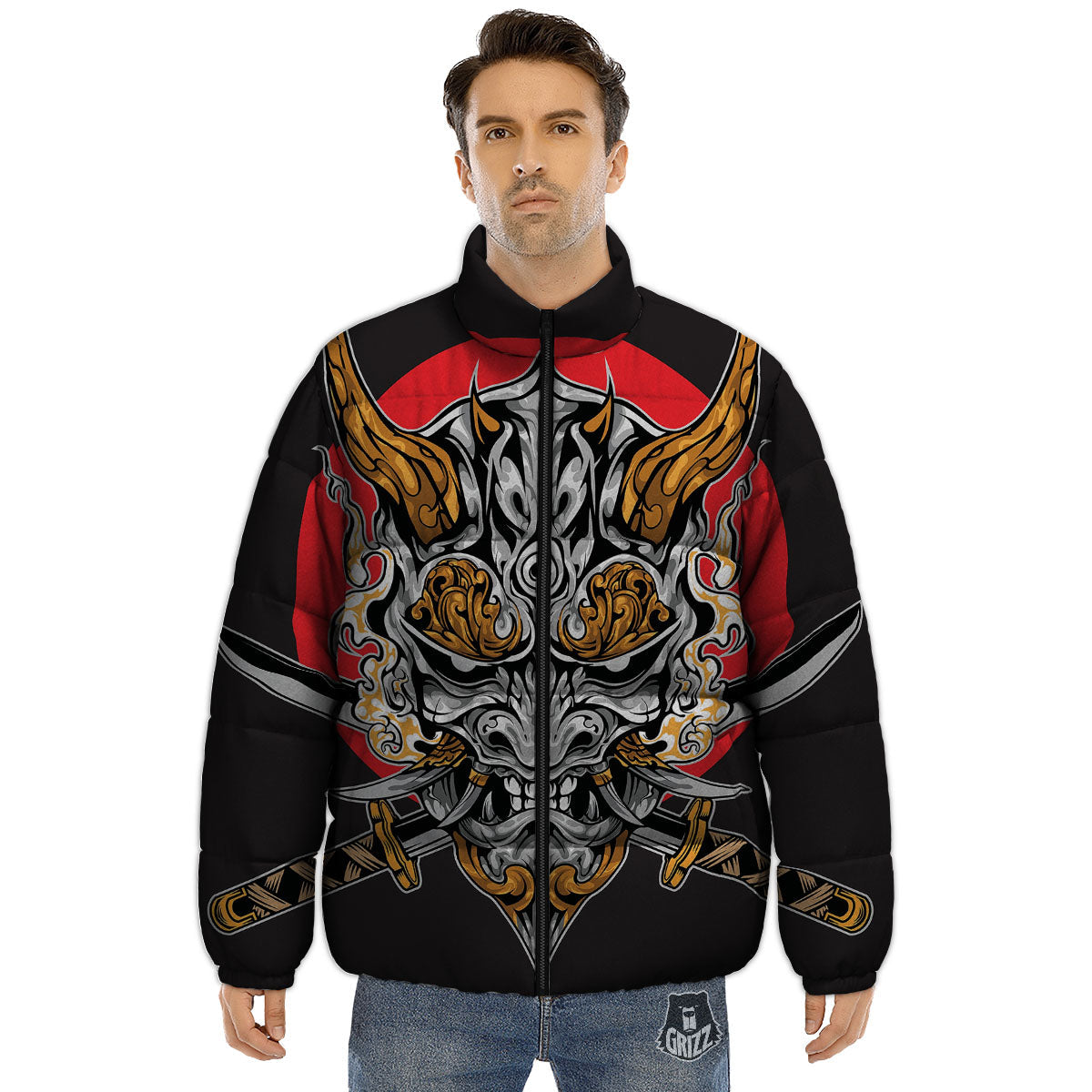 Samurai Ghost Japanese Print Puffer Jacket-grizzshop