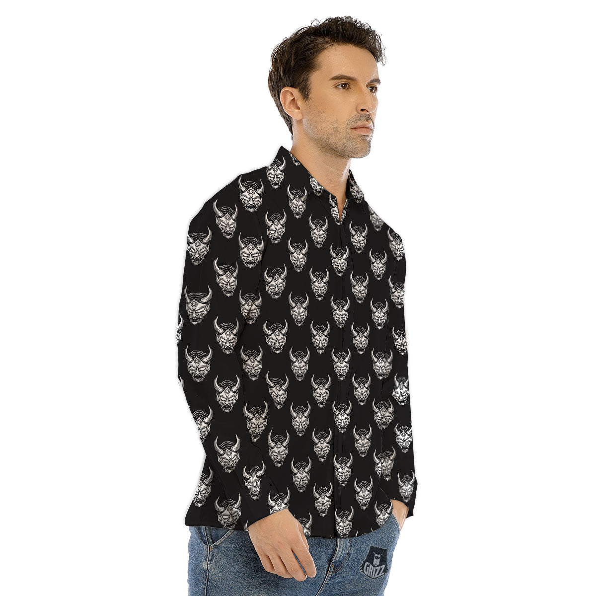 Samurai Ghost Mask Print Pattern Men's Dress Shirts-grizzshop