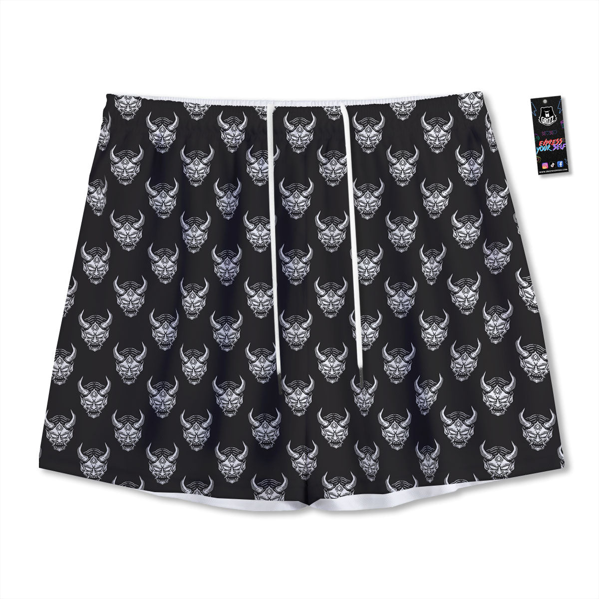 Samurai Ghost Mask Print Pattern Mesh Shorts