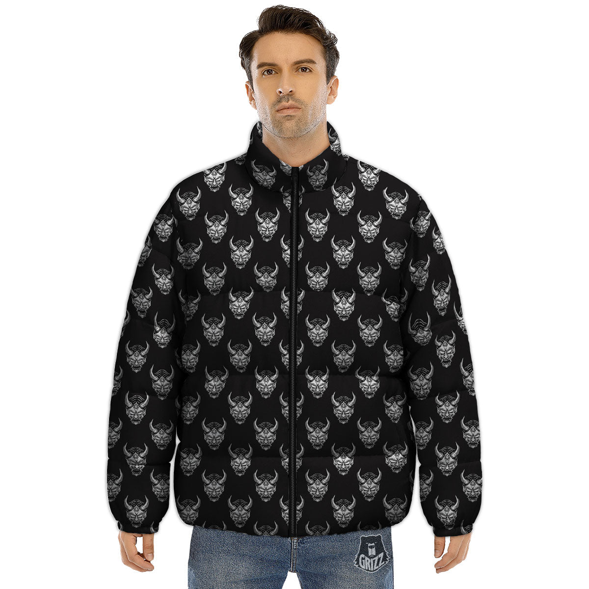 Samurai Ghost Mask Print Pattern Puffer Jacket-grizzshop
