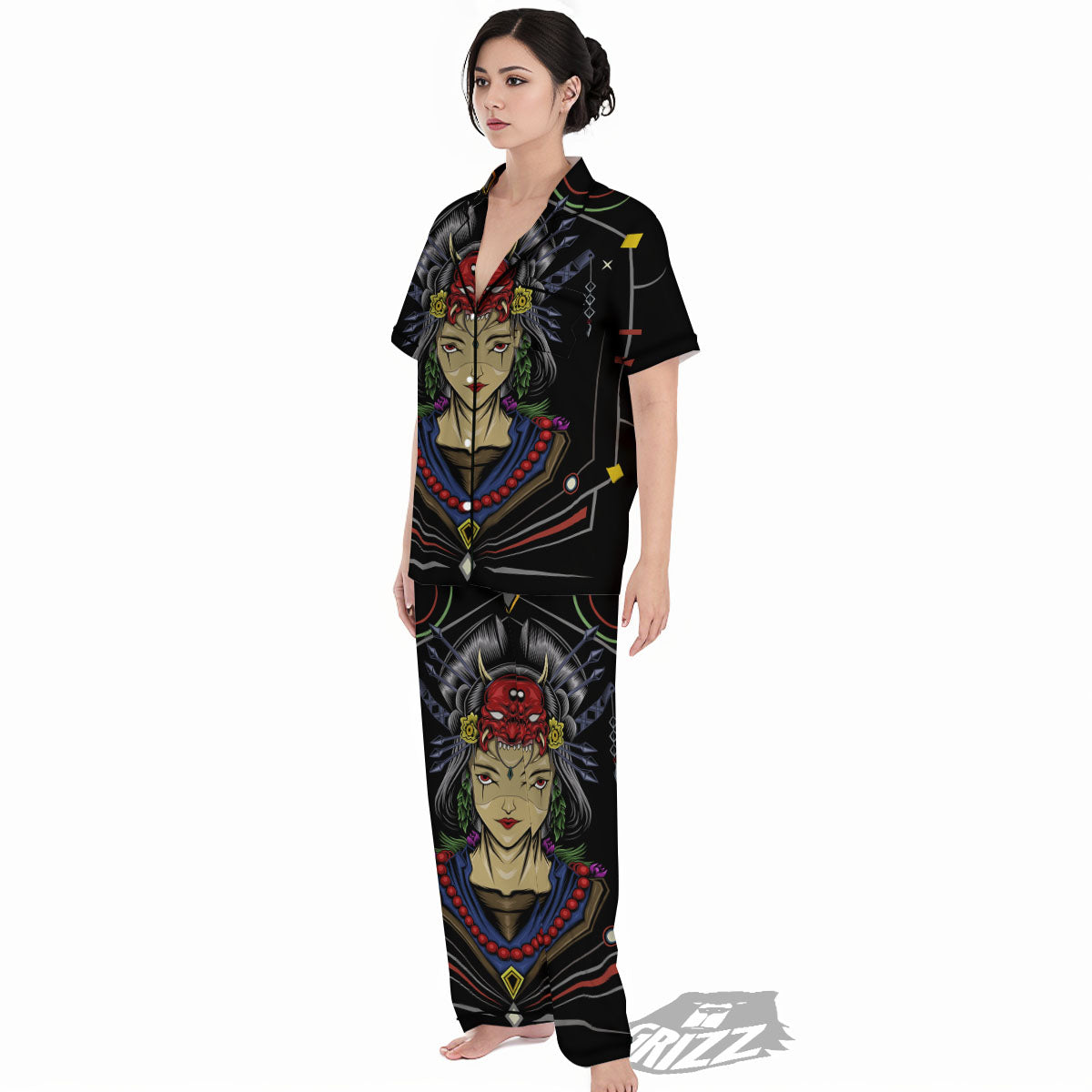 Samurai Girl Japanese Print Women's Pajamas Set-grizzshop