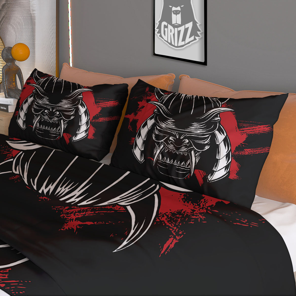 Samurai Mask Old Japanese Print Duvet Cover Bedding Set