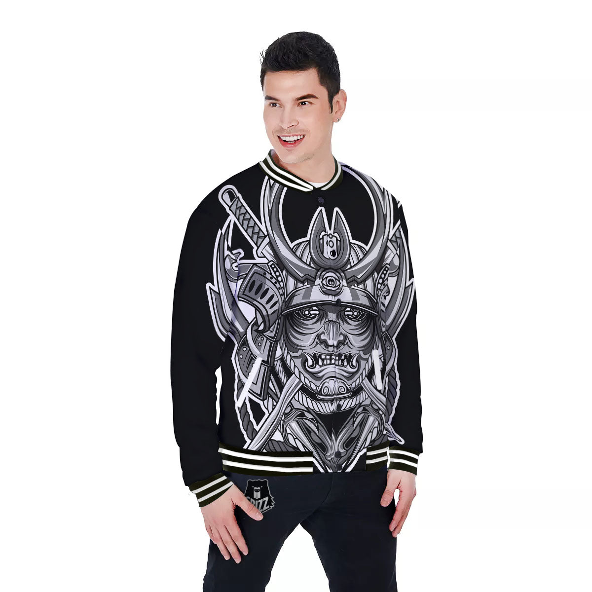 Samurai Mask Silver Print Baseball Jacket-grizzshop