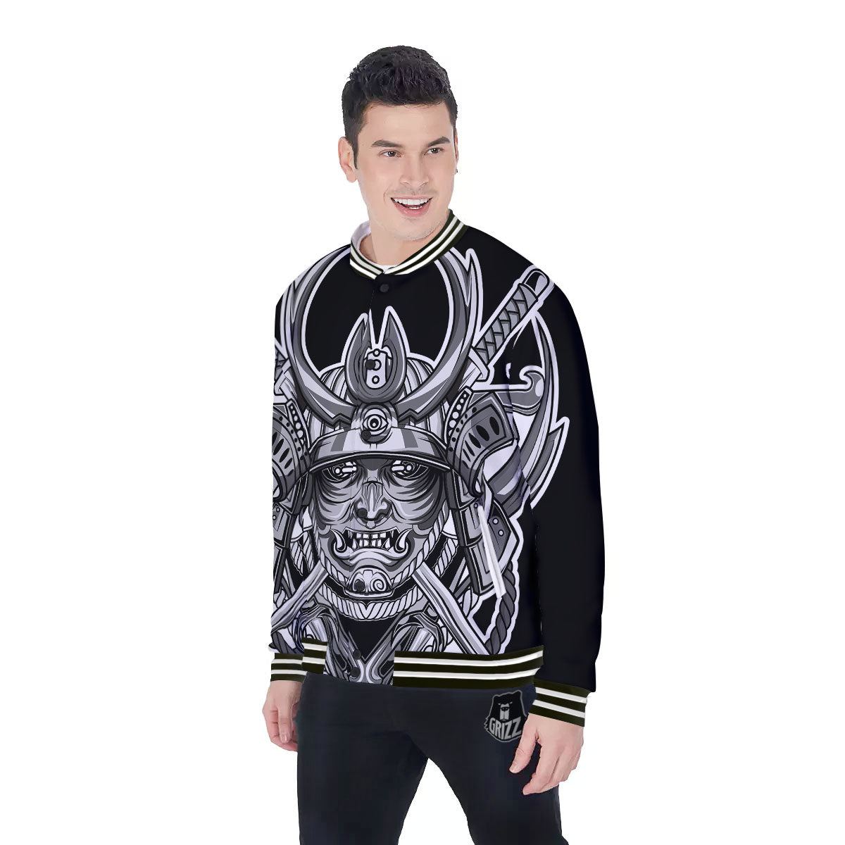 Samurai Mask Silver Print Baseball Jacket-grizzshop