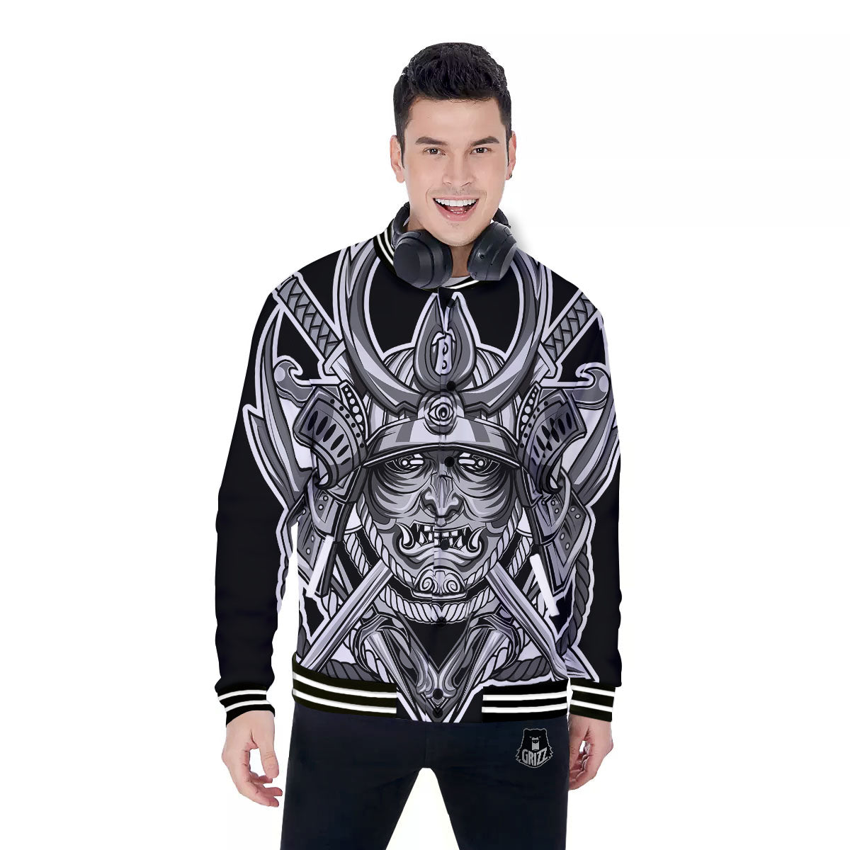Samurai Mask Silver Print Baseball Jacket-grizzshop