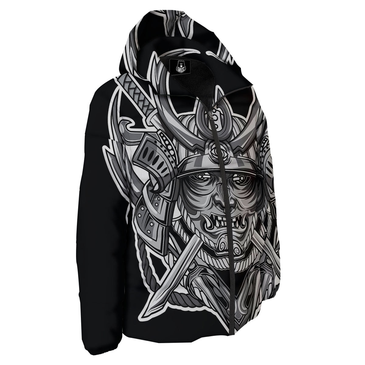 Samurai Mask Silver Print Down Jacket-grizzshop