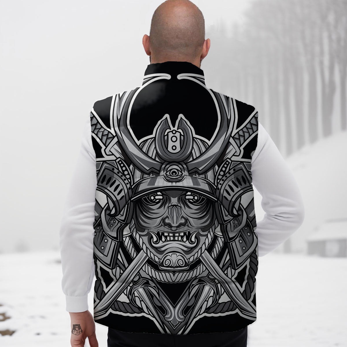 Samurai Mask Silver Print Down Vest