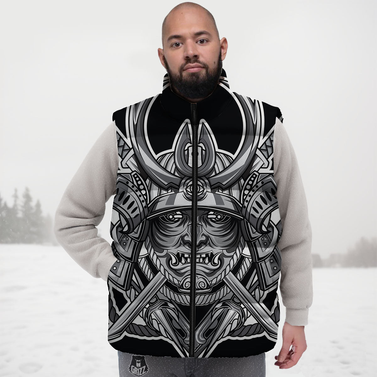 Samurai Mask Silver Print Down Vest