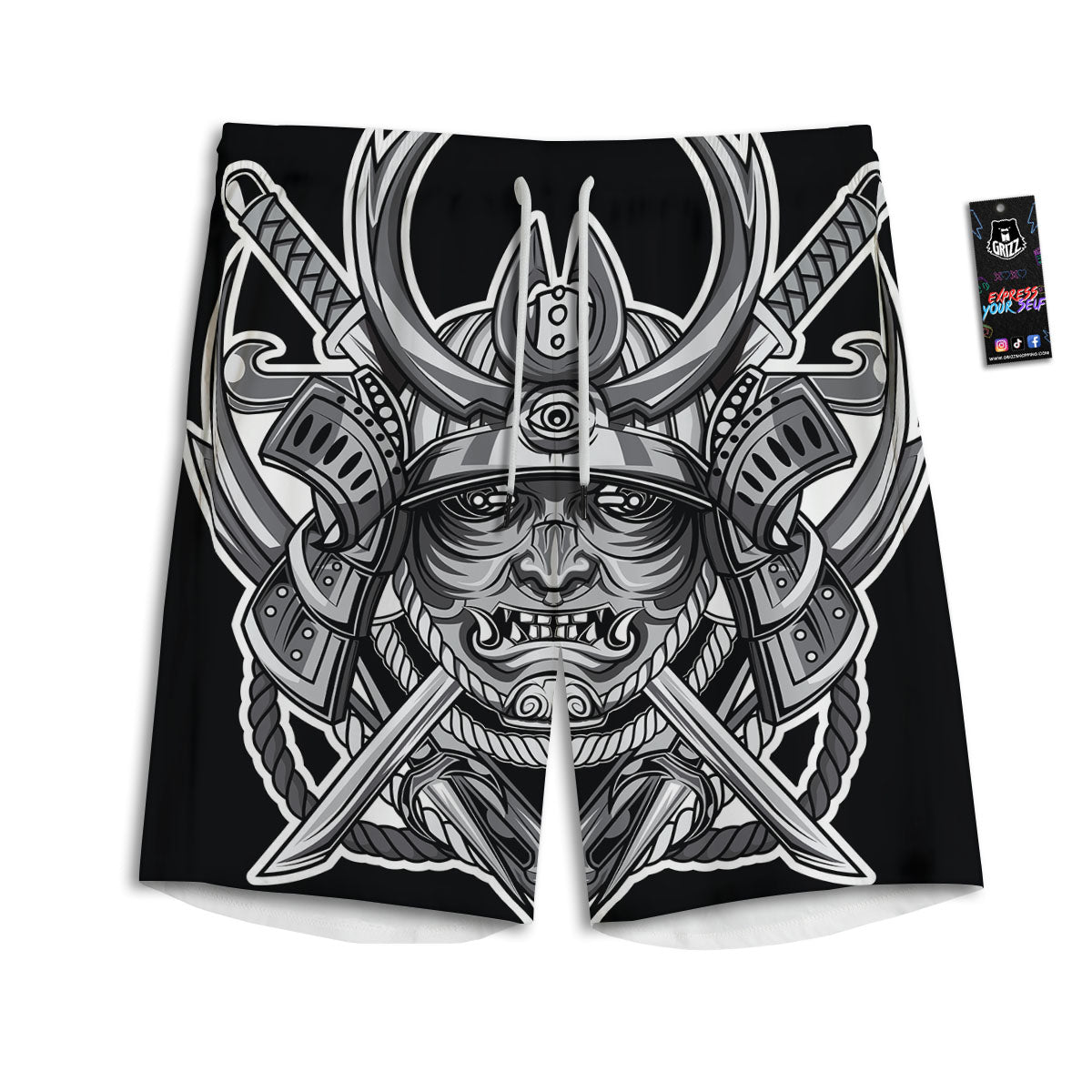 Samurai Mask Silver Print Men's Athletic Shorts