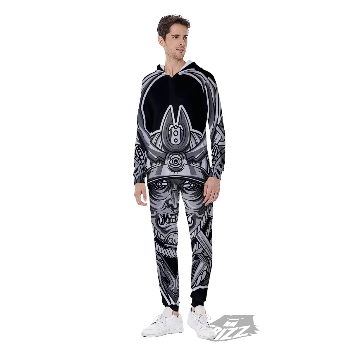 Samurai Mask Silver Print Men's Jumpsuit-grizzshop