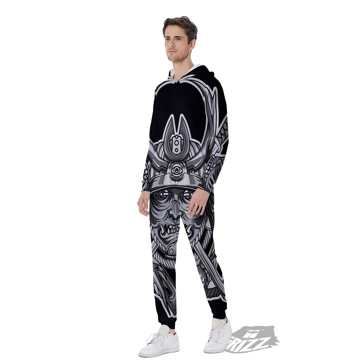 Samurai Mask Silver Print Men's Jumpsuit-grizzshop