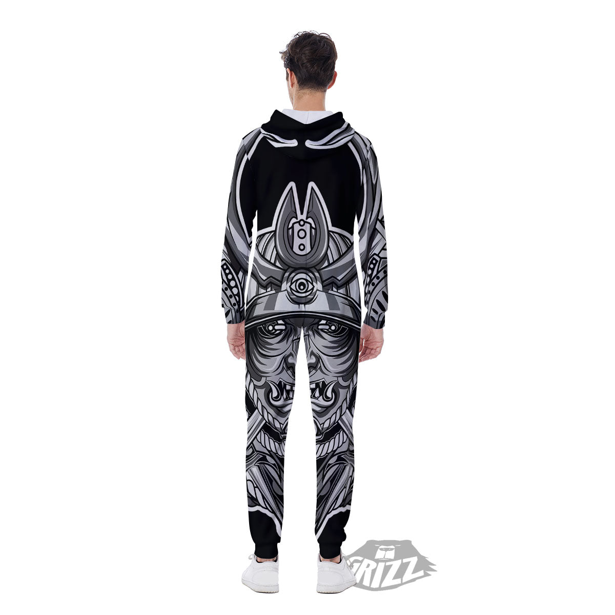 Samurai Mask Silver Print Men's Jumpsuit-grizzshop