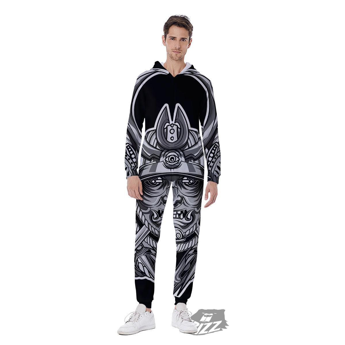 Samurai Mask Silver Print Men's Jumpsuit-grizzshop