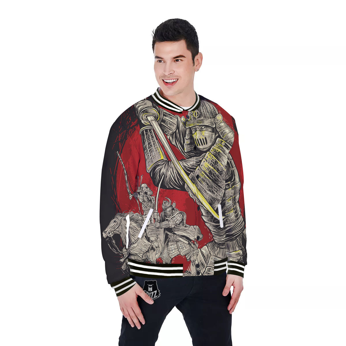 Samurai Red Moon Print Baseball Jacket-grizzshop