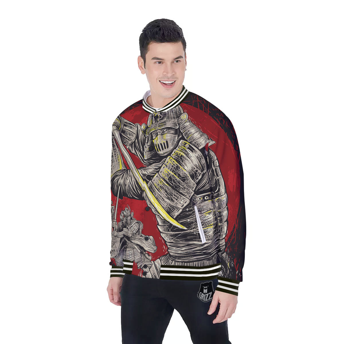 Samurai Red Moon Print Baseball Jacket-grizzshop