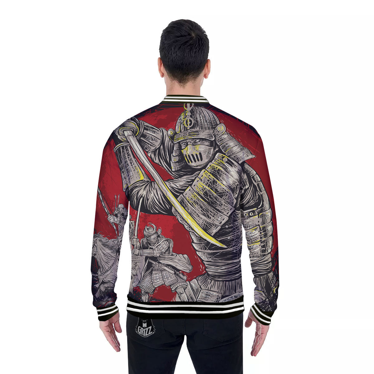 Samurai Red Moon Print Baseball Jacket-grizzshop
