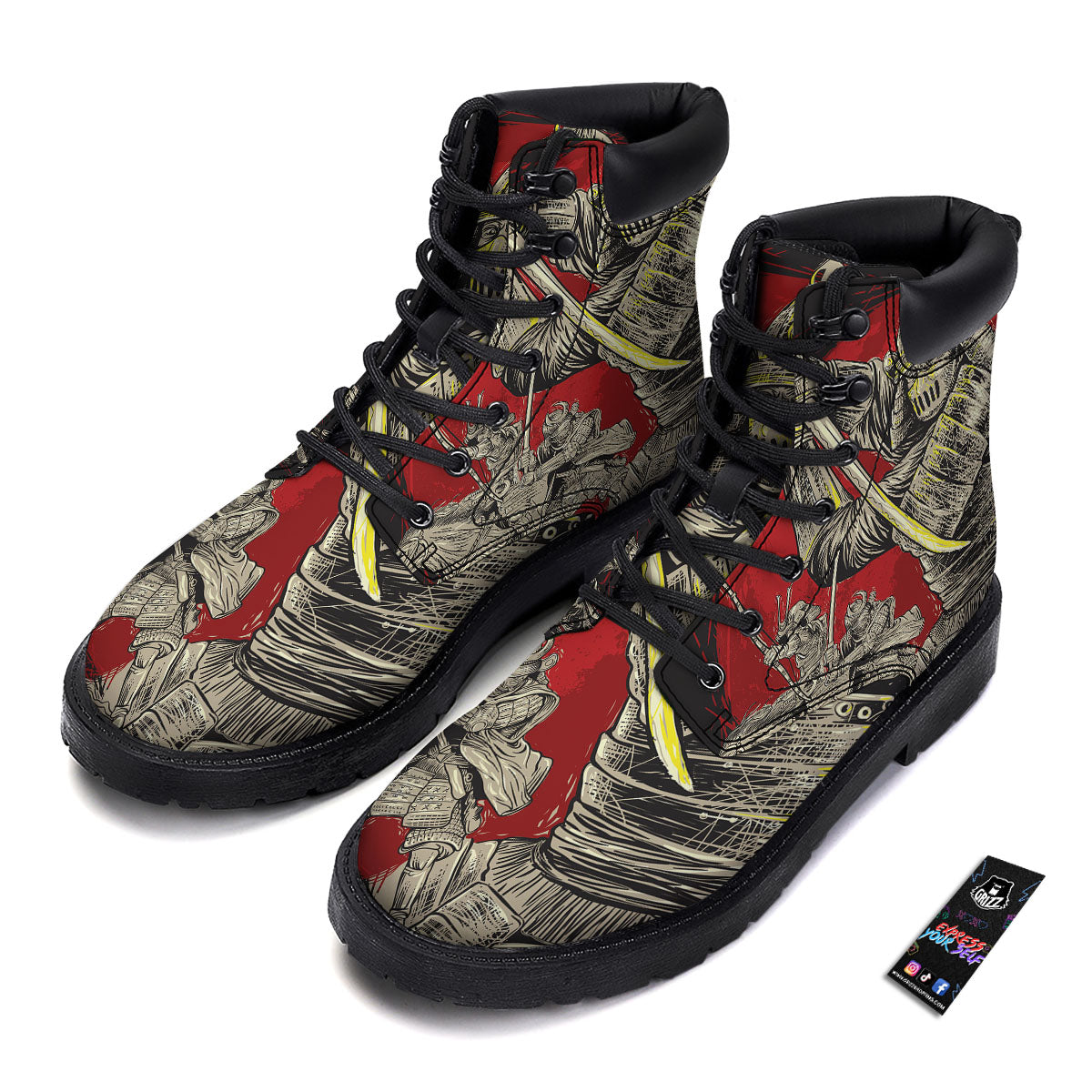 Samurai Red Moon Print Boots-grizzshop