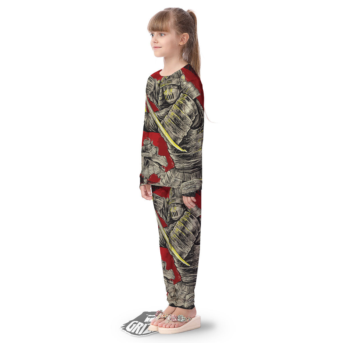 Samurai Red Moon Print Kid's Pajamas-grizzshop