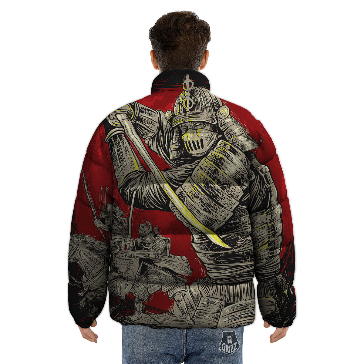 Samurai Red Moon Print Puffer Jacket-grizzshop