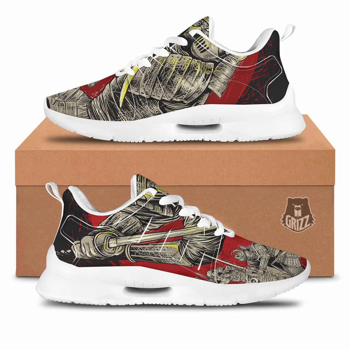 Samurai Red Moon Print Tennis Shoes-grizzshop