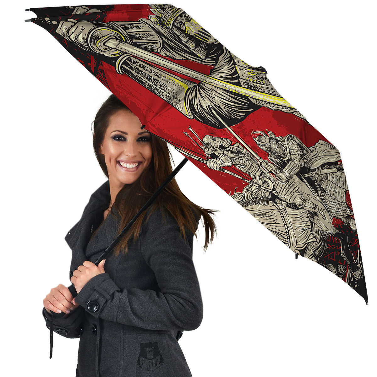 Samurai Red Moon Print Umbrella-grizzshop