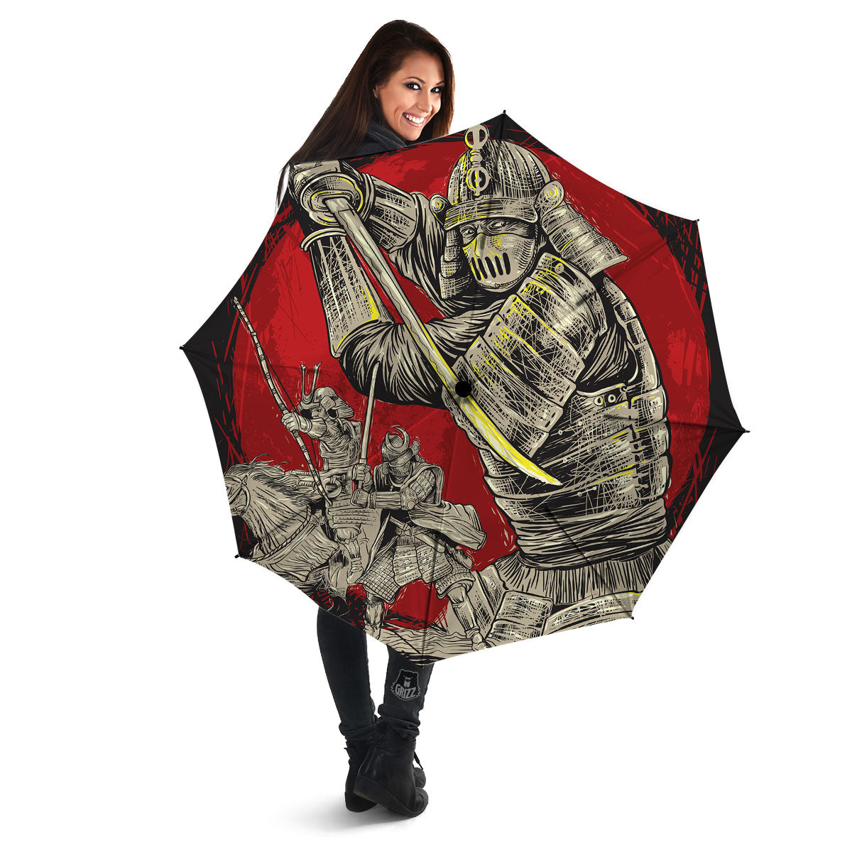 Samurai Red Moon Print Umbrella-grizzshop