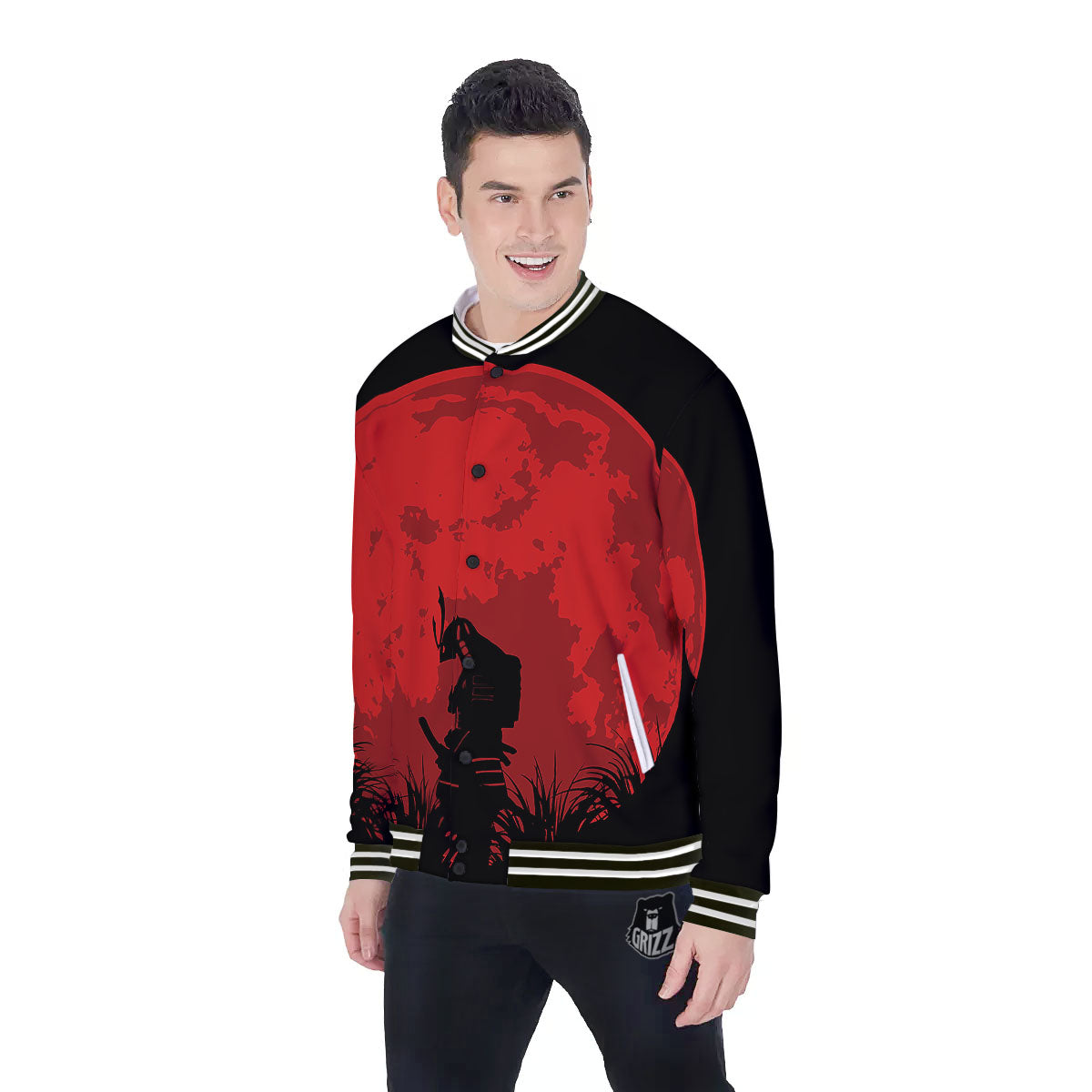 Samurai Red Sun Print Baseball Jacket-grizzshop