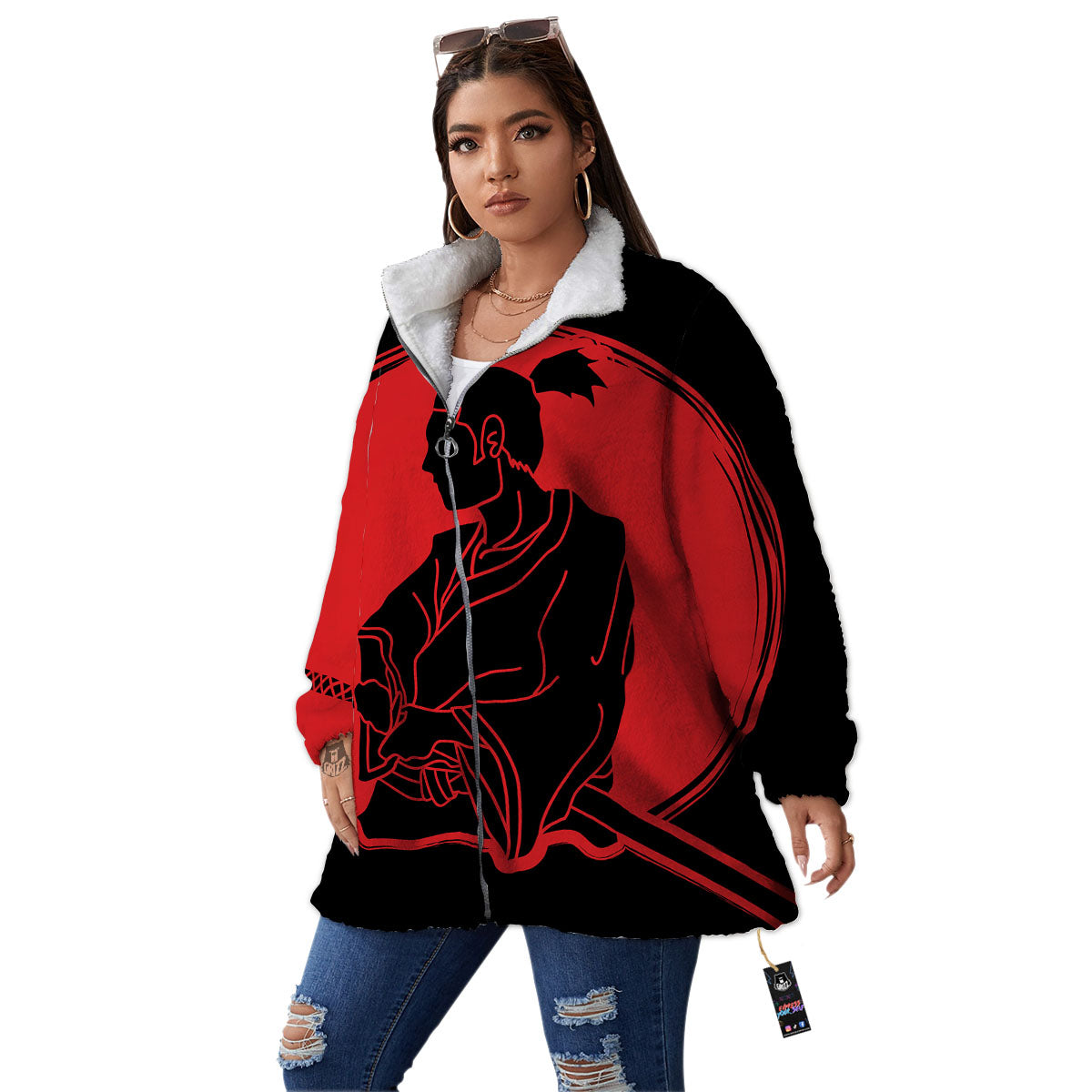 Samurai Red Sunset Print Women's Sherpa Jacket-grizzshop