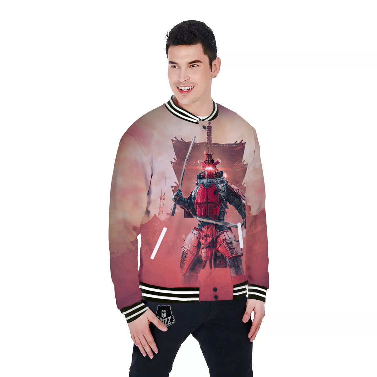 Samurai Robot Print Baseball Jacket-grizzshop