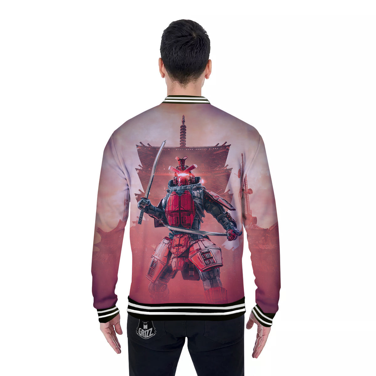 Samurai Robot Print Baseball Jacket-grizzshop
