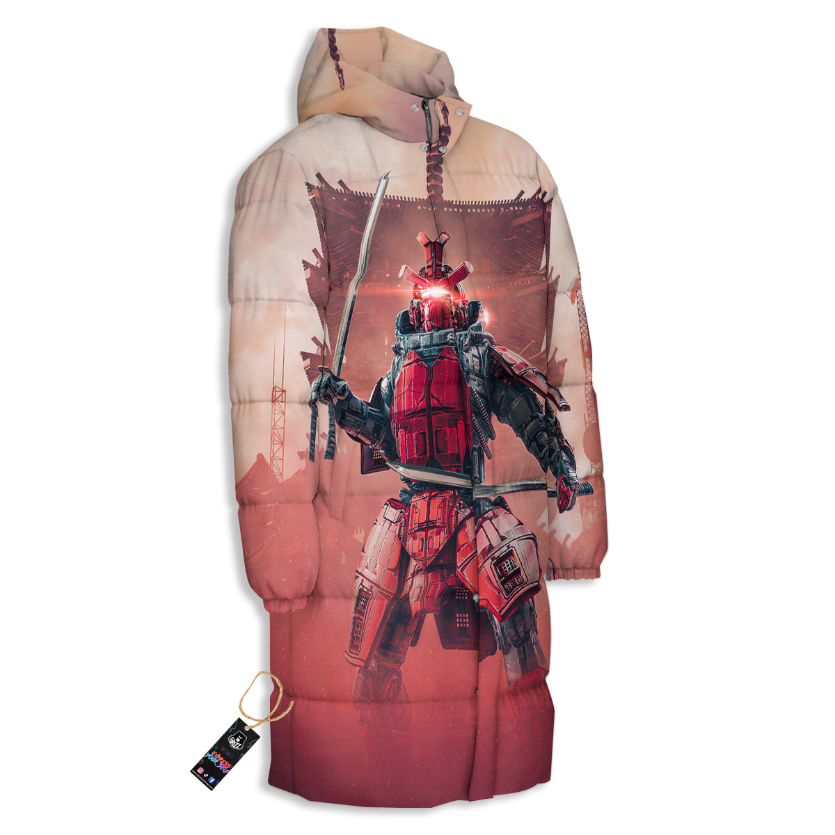 Samurai Robot Print Long Down Jacket-grizzshop