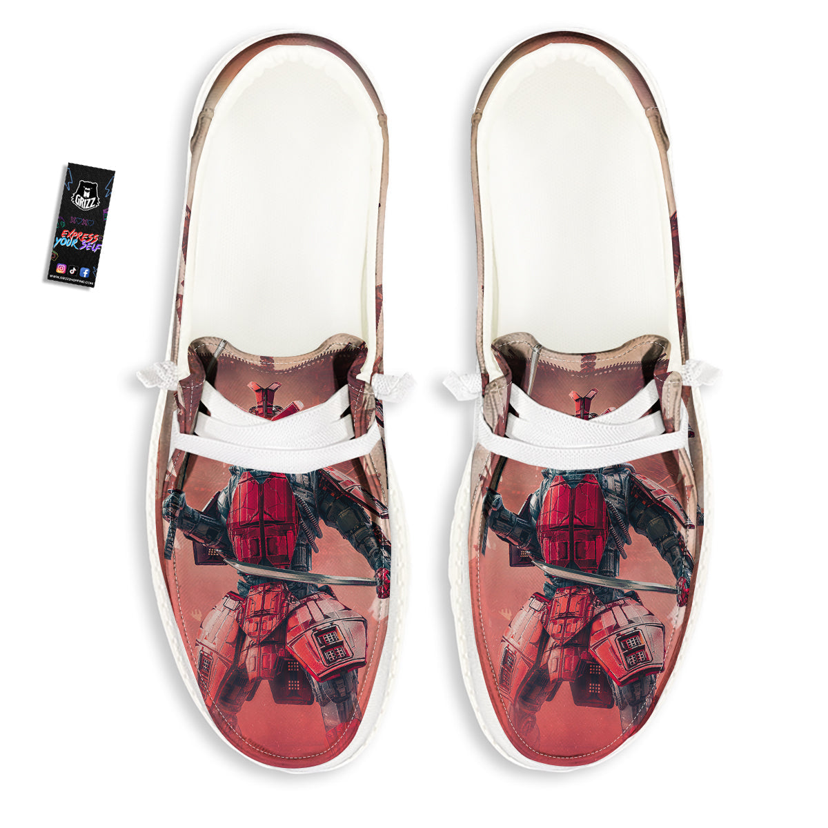 Samurai Robot Print White Loafers-grizzshop