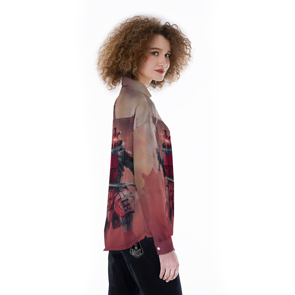 Samurai Robot Print Women's Long Sleeve Shirts-grizzshop