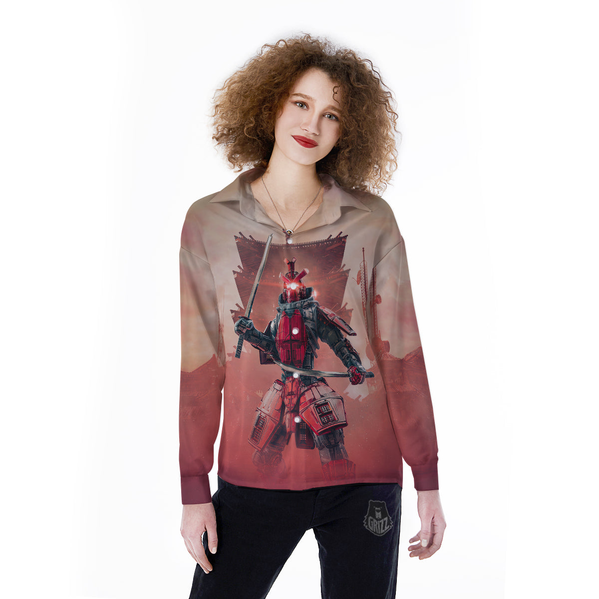Samurai Robot Print Women's Long Sleeve Shirts-grizzshop