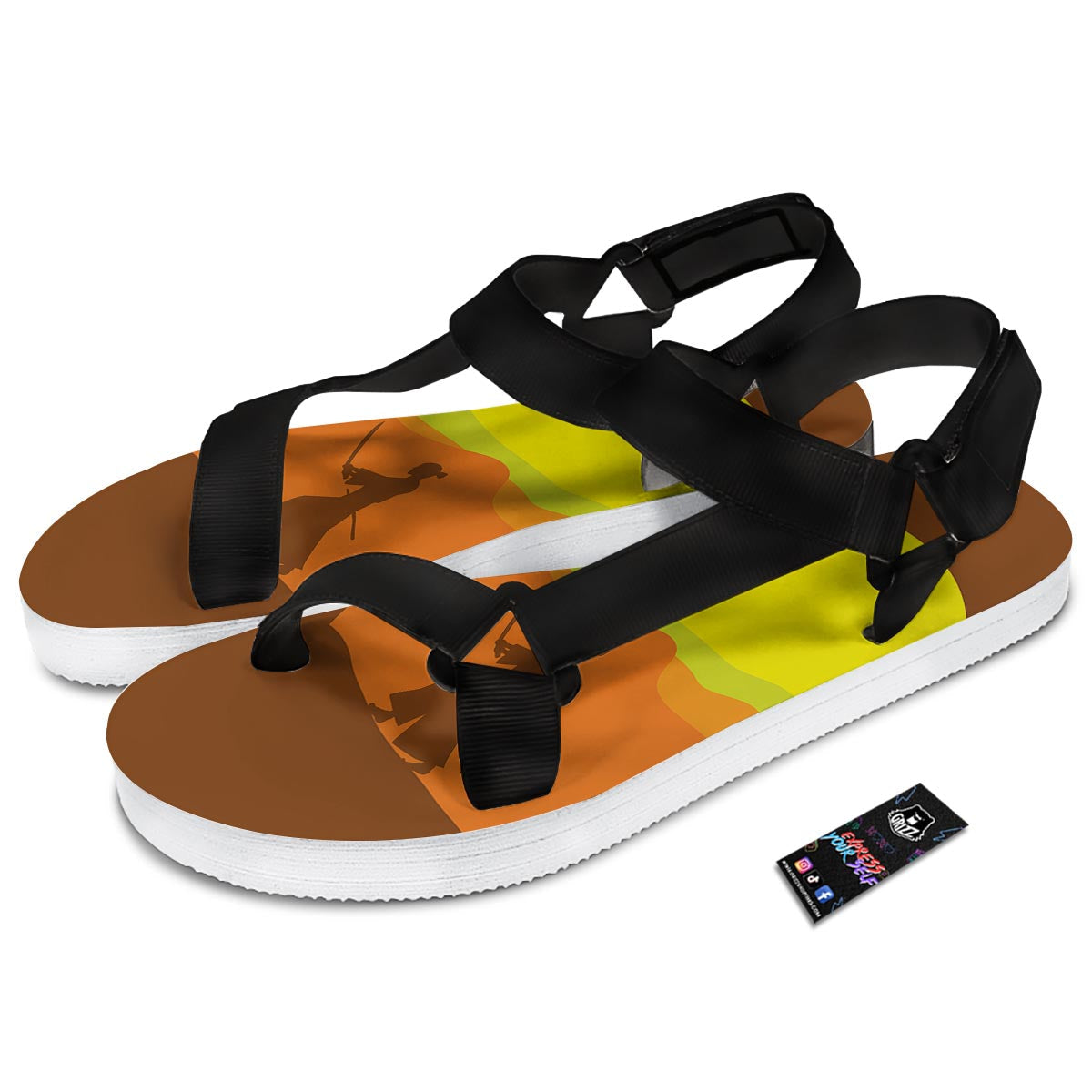 Samurai Sunset Japanese Print Black Open Toe Sandals-grizzshop
