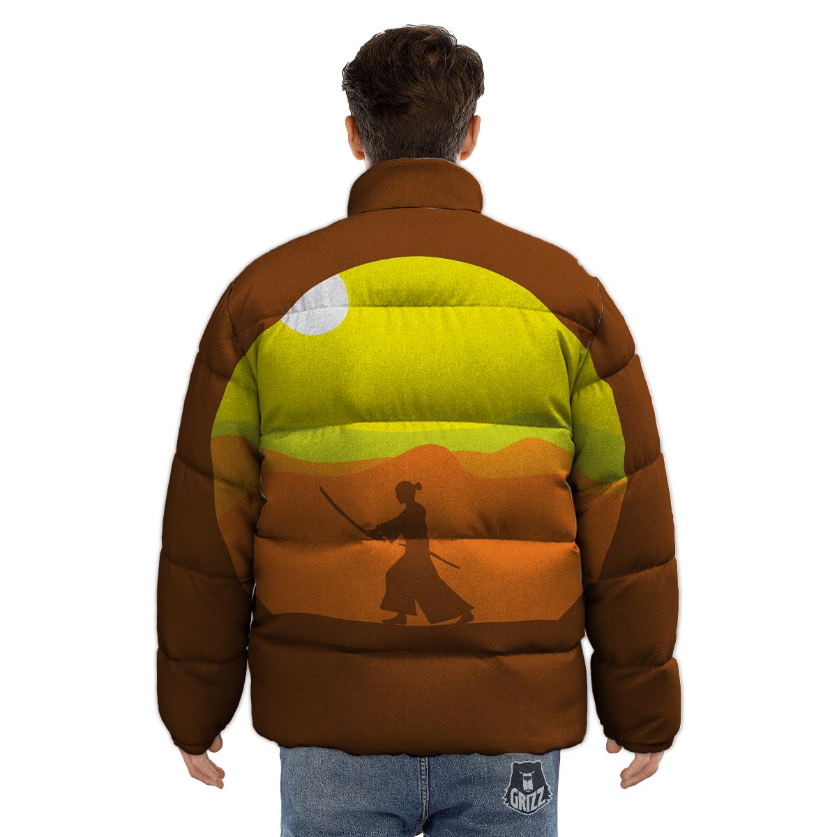 Samurai Sunset Japanese Print Puffer Jacket-grizzshop