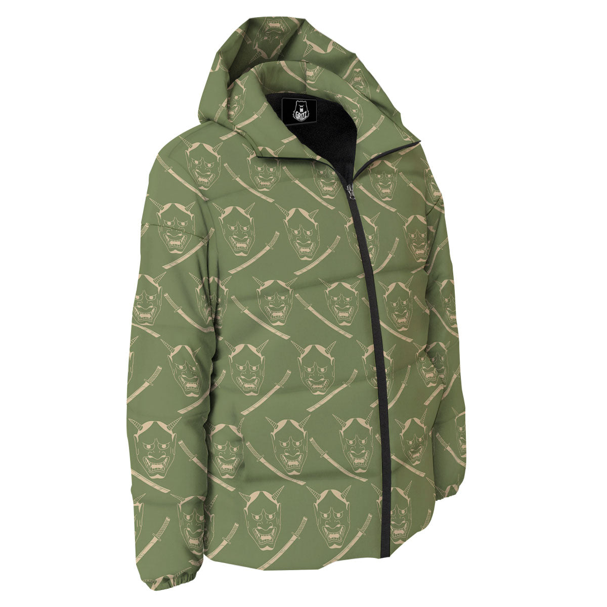 Samurai Warrior Mask Japanese Print Pattern Down Jacket-grizzshop