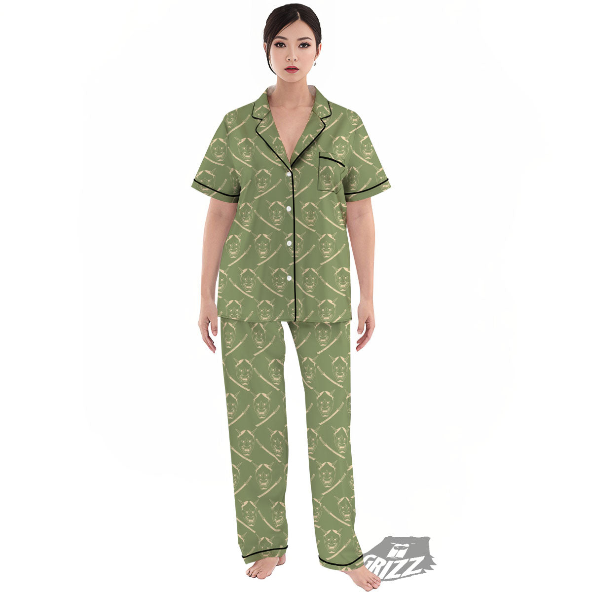 Samurai Warrior Mask Japanese Print Pattern Women's Pajamas Set-grizzshop
