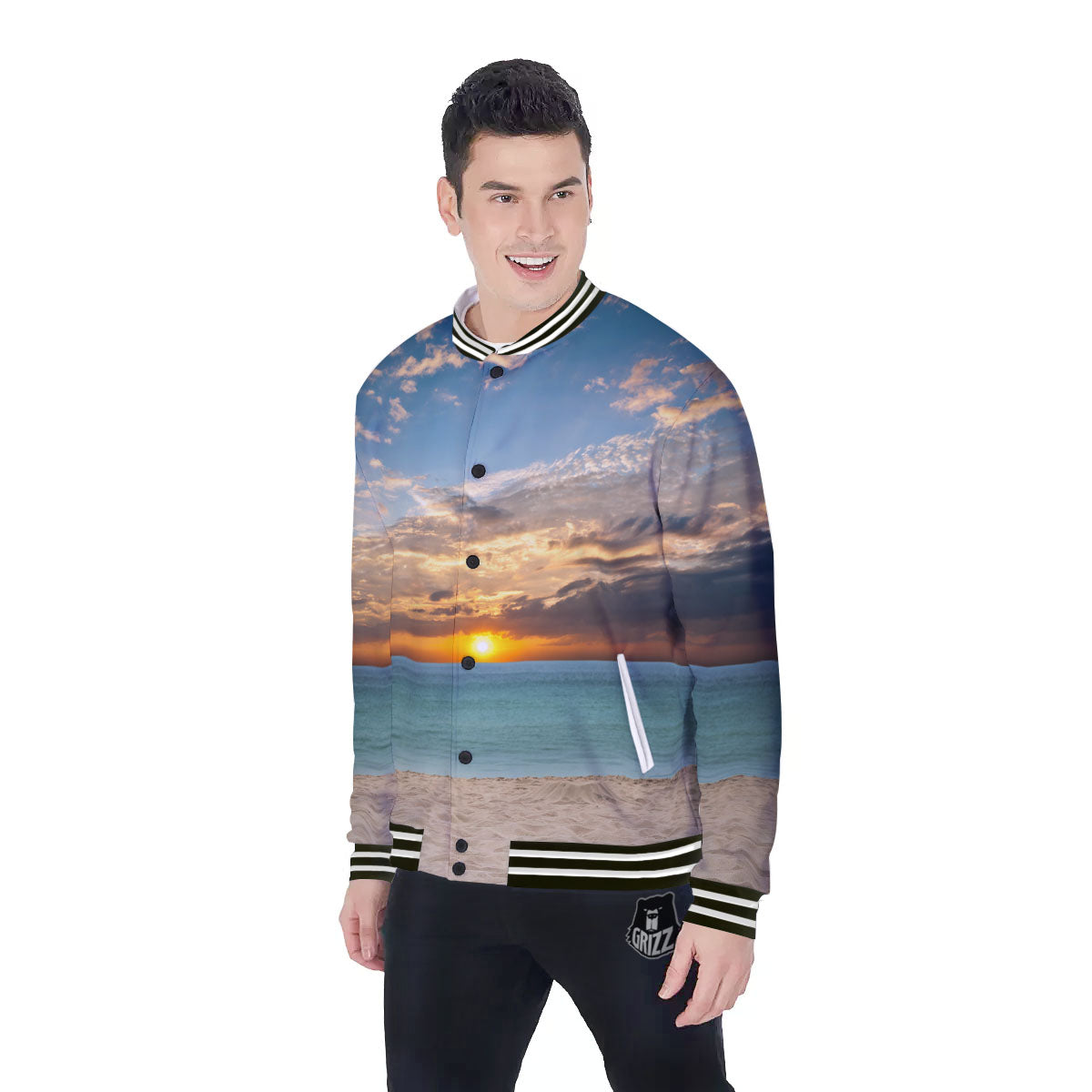 Sand Beach And Sunset Print Baseball Jacket-grizzshop